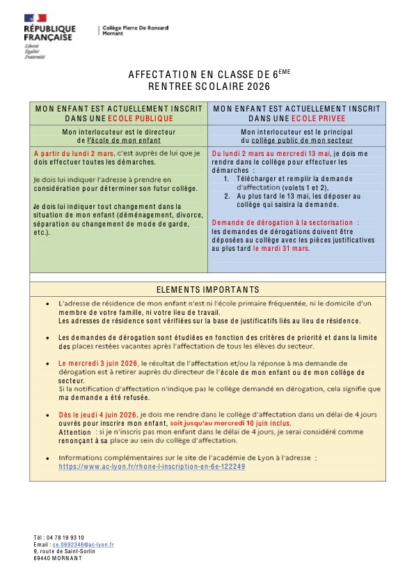 Informations inscriptions pour la rentrée 2026 en classe de 6ème